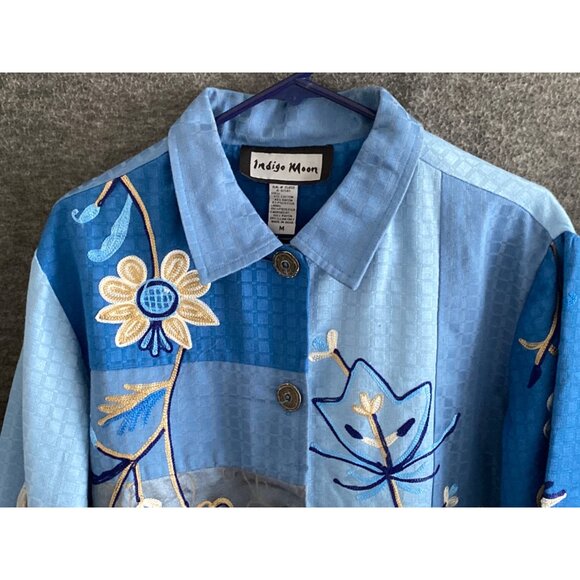 Women Indigo Moon Cotton Silk Embroidered Flower Patchwork Blue Teal Jacket  M - Picture 9 of 15